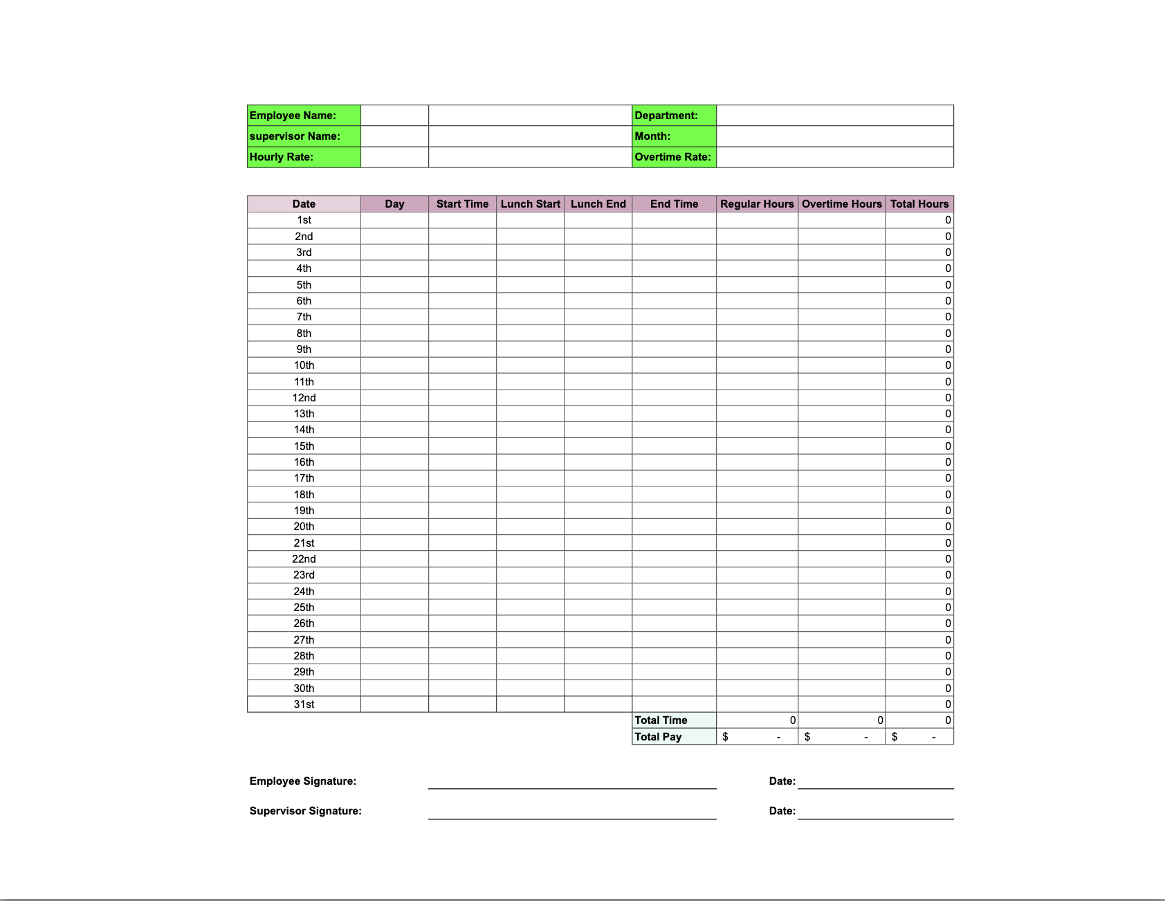 Monthly timesheet template